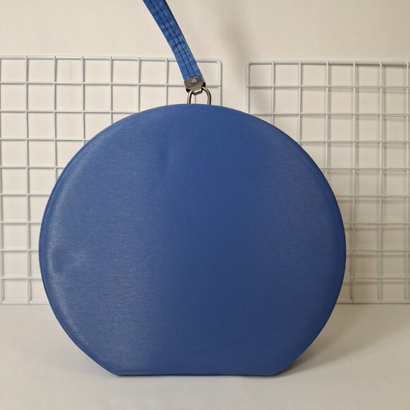 Vintage Travel Hat Box Round 1960s Suitcase Blue With 2 White Stripes - Picture 8 of 16